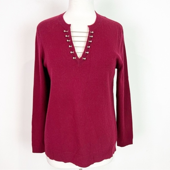 THE KOOPLES BURGUNDY RED V-NECK SWEATER SILVER METAL BAR DETAIL WOMENS MEDIUM - Picture 1 of 7